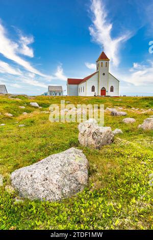 Church and old fishing houses, Ile aux Marins, fishermen's island, Territorial Collectivity of Saint-Pierre and Miquelon Stock Photo