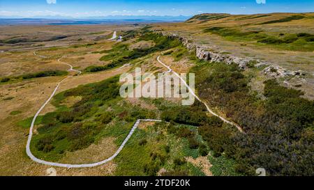 Aerial of the Head Smashed in Buffalo Jump, UNESCO World Heritage Site, Alberta, Canada, North America Stock Photo