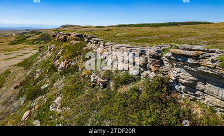 Aerial of the Head Smashed in Buffalo Jump, UNESCO World Heritage Site, Alberta, Canada, North America Stock Photo