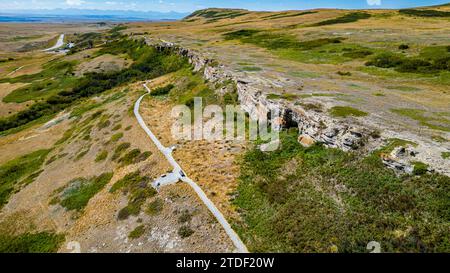 Aerial of the Head Smashed in Buffalo Jump, UNESCO World Heritage Site, Alberta, Canada, North America Stock Photo