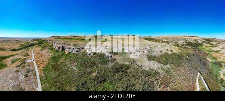 Aerial of the Head Smashed in Buffalo Jump, UNESCO World Heritage Site, Alberta, Canada, North America Stock Photo