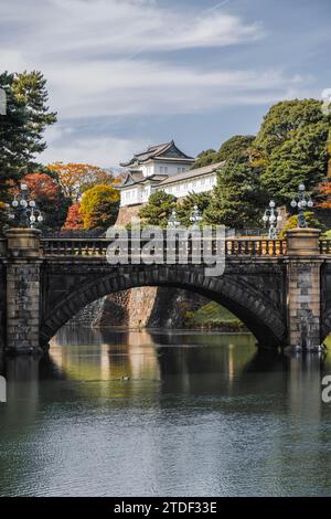 Nijubashi bridge over the moat and a guard tower in the Imperial Palace of Tokyo in autumn, Tokyo, Honshu, Japan, Asia Stock Photo