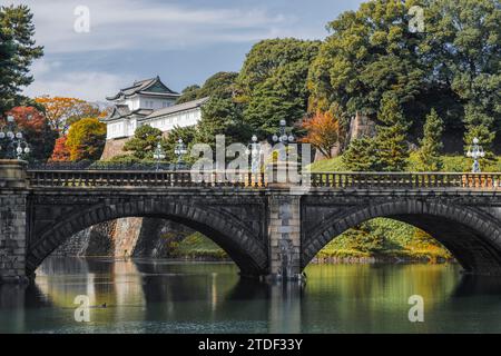 Nijubashi bridge over the moat and a guard tower in the Imperial Palace of Tokyo in autumn, Tokyo, Honshu, Japan, Asia Stock Photo