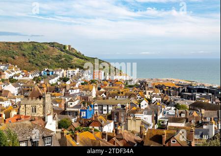 Hastings historic Old Town with the East Hill Cliff Lift station in the background, Hastings, East Sussex, England, United Kingdom, Europe Stock Photo