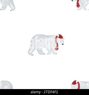 Watercolor seamless pattern with a white polar bear in a Santa hat. Cute design for printing on children's textiles and pajamas. White bears Stock Photo