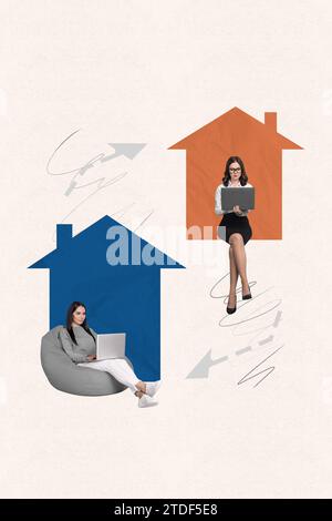 Vertical creative photo collage of two young women sitting at home working remotely connected communicating through internet Stock Photo