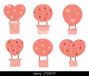 Six pink balloons with baskets . Balloons of different shapes Stock Vector