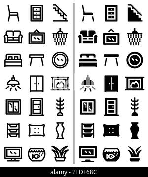 Interior icon set in outline and glyph style. Two style variants of interior vector icons in one pack. Black outline and solid glyph. Stock Vector