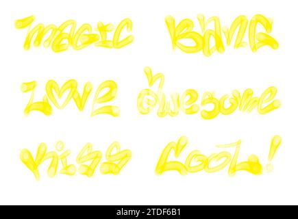 Collection of graffiti street art tags with words and symbols in yellow color on white background Stock Photo
