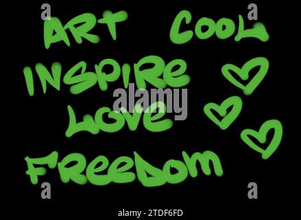 Collection of graffiti street art tags with words and symbols in green color on black background Stock Photo