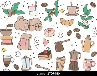 Hand drawn coffee concept set. Colorful simple doodle sketch style collection. Coffee drink, coffee harvest, utensils, kitchen appliances and sweet Stock Vector