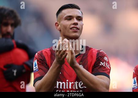 Jan-Carlo Simic of Ac Milan celebrates at the end of the  Serie A match beetween Ac Milan and Ac Monza at Stadio Giuseppe Meazza on December 17, 2023 in Milano, Italy . Stock Photo