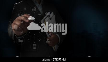 Businessmen work in cloud computing. Cloud service computing and global communication Cloud data transfer and online data storage A computer connects Stock Photo