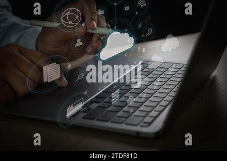 Businessmen work in cloud computing. Cloud service computing and global communication Cloud data transfer and online data storage A computer connects Stock Photo