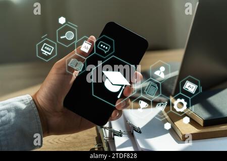 E-learning to graduation student training education course on laptop, online internet lessons, and online webinar Stock Photo
