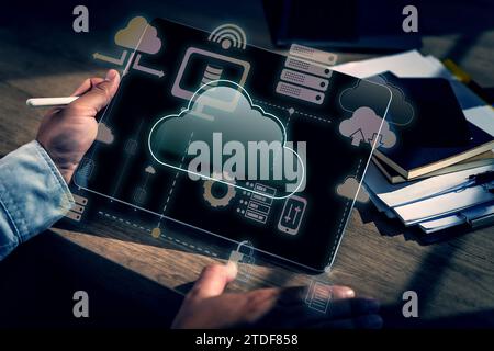 Businessmen work in cloud computing. Cloud service computing and global communication Cloud data transfer and online data storage A computer connects Stock Photo