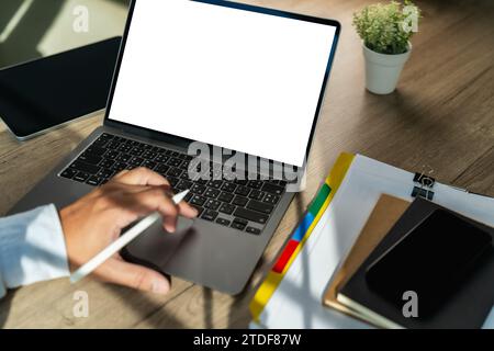 young man working Businessman using a desktop computer of the blank screen Stock Photo
