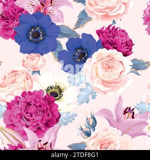 Seamless pattern with lilies and roses Stock Vector