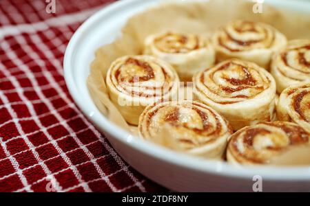Fresh homemade raw Cinnamon rolls prepared for baking. Stock Photo