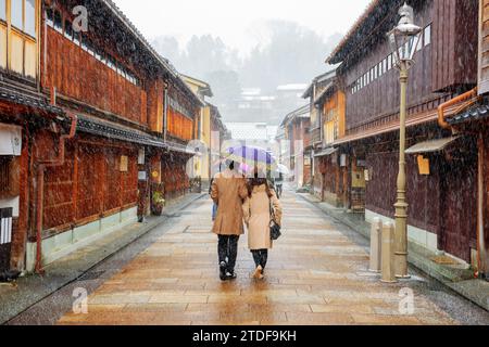 Kanazawa, Japan at the Higashi Chaya district in winter. Stock Photo