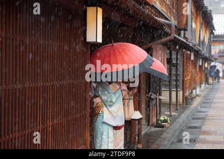 Kanazawa, Japan at the Higashi Chaya district in winter. Stock Photo