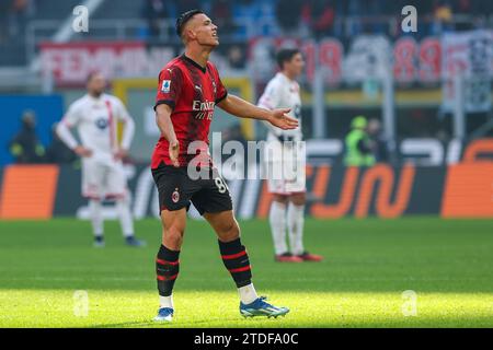 Milan, Italy. 17th Dec, 2023. Jan-Carlo Simic of AC Milan celebrates after scoring a goal during Serie A 2023/24 football match between AC Milan and AC Monza at San Siro Stadium. FINAL SCOREMilan 3 | 0 Monza Credit: SOPA Images Limited/Alamy Live News Stock Photo