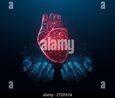 Two human hands are holds a red heart. Wireframe glowing low poly heart. Design on dark blue background. Abstract futuristic vector illustration. Stock Vector