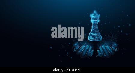 Two human hands are holds chess. Wireframe glowing low poly chess. Design on dark blue background. Abstract futuristic vector illustration. Stock Vector