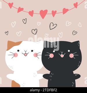 Two cute hand drawn cats holding each other paws under the garland of hearts. Valentines Day. Vector illustration Stock Vector