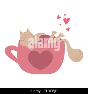 Cute hand drawn cat is lying in a cup. Cat is chilling in a mug with a heart on it. Valentine’s Day greeting card. Vector illustration Stock Vector