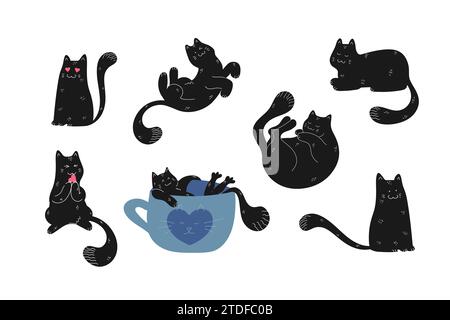Hand drawn black cat set. Funny and cute cat is sleeping, relaxing in a tea cup, biting a heart, lying and sitting in different poses. Vector illustra Stock Vector