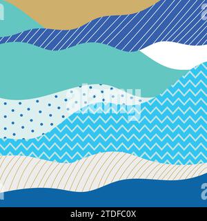 Abstract wavy blue background with zigzag, dotted and striped pattern. Vector illustration Stock Vector