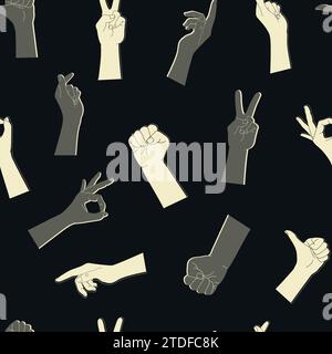 Seamless pattern of human hands with different gestures. Light and dark hand silhouettes on a black background. Vector illustration Stock Vector