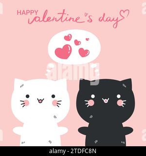 Two cute cats thinking of love with hearts in a speech bubble. Valentine’s Day greeting card. Vector illustration Stock Vector