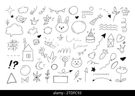 Childish doodle collection of hand drawn animals, arrows, stars, hearts, geometric shapes, crowns, flowers, lines and shapes. Vector illustration Stock Vector