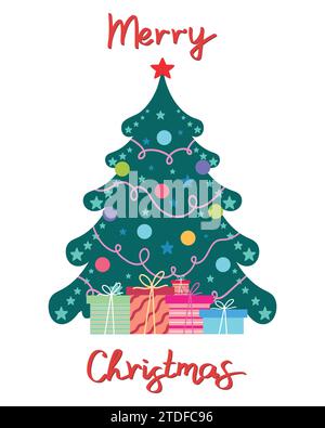 Merry Christmas greeting card with Christmas tree and handwriting. Hand drawn lettering. Vector illustration Stock Vector