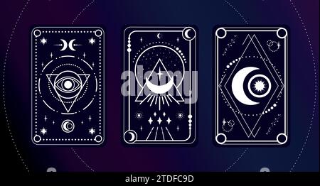Tarot card set with a magical eye, moon, crescent and stars decorated with geometric shapes. Tarot symbolism. Mystery, astrology, esoteric. Vector ill Stock Vector