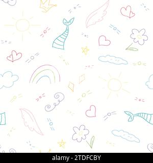 Seamless pattern of different doodle drawings in cute childish style. Wing, mermaid tail, sun, rainbow, flower, heart, cloud, star, crown doodle shape Stock Vector