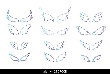 Collection of hand drawn wings in different shapes. Doodle wings collection in gradient neon color. Vector illustration Stock Vector