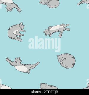 Cute sleepy grey cat seamless pattern. Grey tabby cat is sleeping in different poses. Vector illustration Stock Vector