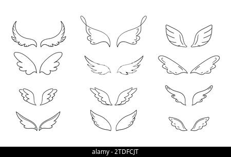 Collection of hand drawn wings in different shapes. Doodle wings collection. Vector illustration Stock Vector