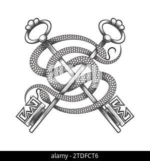 Snakes Wraps Around Vintage Keys Secret Knowledge Medieval Concept Tattoo in engraving style isolated on white background. No AI was used. Stock Vector