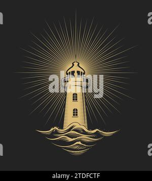Lighthouse with ocean Waves Engraving Emblem isolated on Black Background vector illustration. No AI was used. Stock Vector