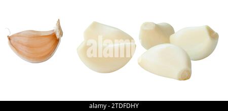 Set of Peeled and unpeeled separated garlic cloves is isolated on white background with clipping path. Stock Photo