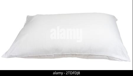 White pillow without case after guest's use in hotel or resort room is isolated on white background with clipping path, Concept of comfortable and hap Stock Photo