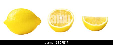 Set of whole yellow lemon with half and slice is isolated on white background with clipping path. Stock Photo