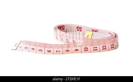 White tape measure with scale numbers is isolated on white background with clipping path. Stock Photo