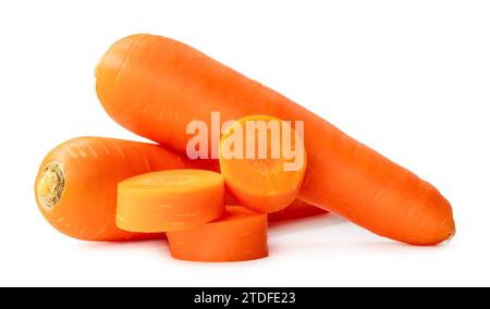 Two fresh orange carrots with slices in stack are isolated on white background with clipping path Stock Photo