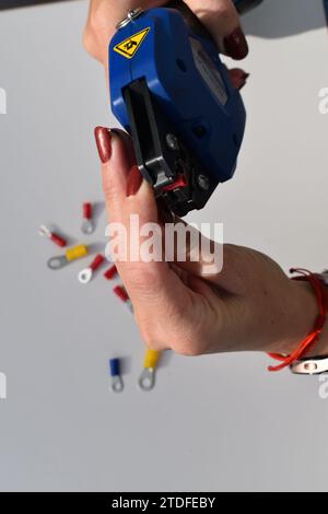 Crimping cable terminals Stock Photo