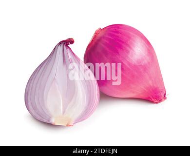 Fresh red onion bulb with half is isolated on white background with clipping path. Stock Photo